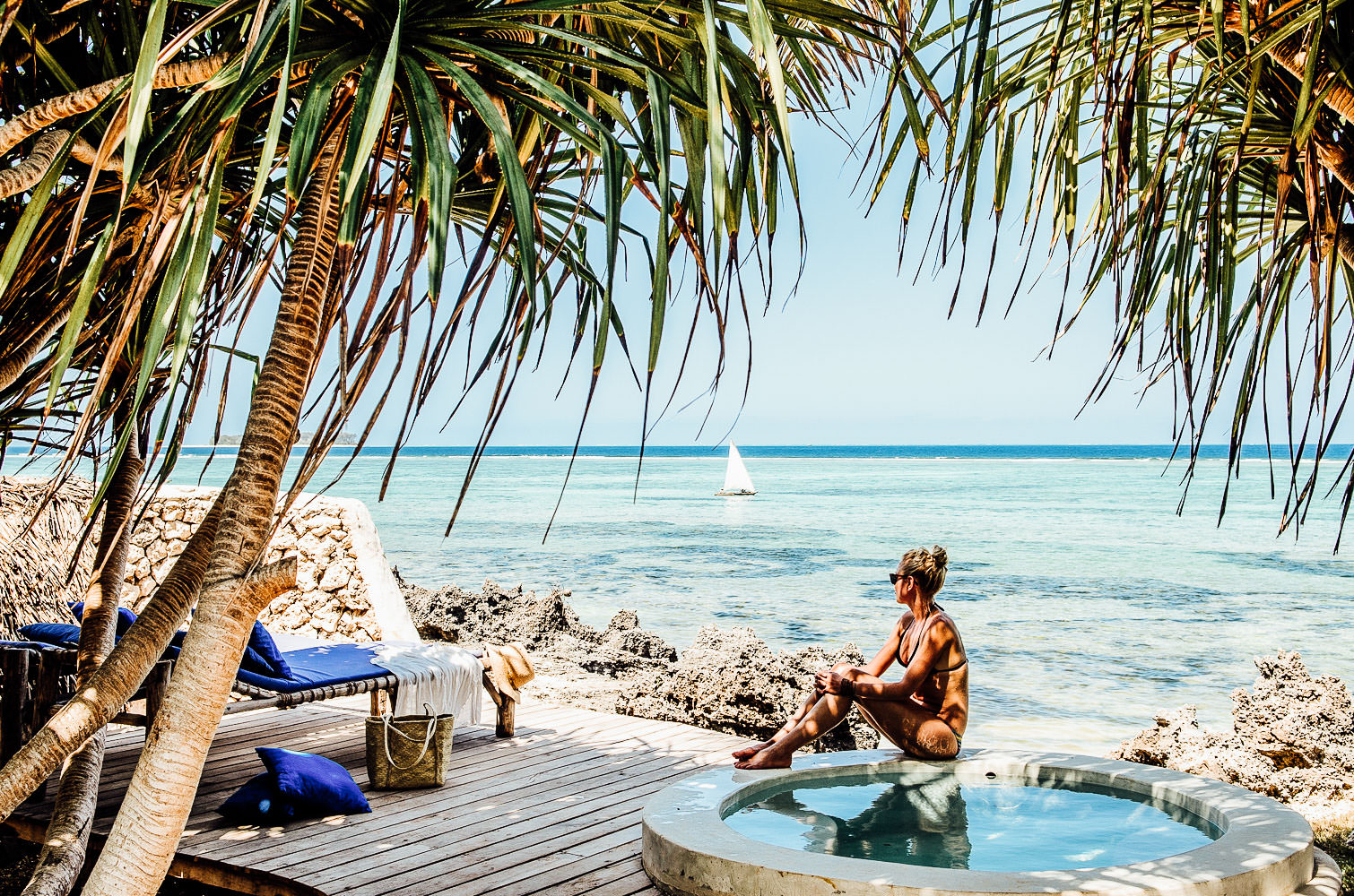 Matemwe Lodge pool in Zanzibar, Tanzania. Luxury travel in the Indian Ocean